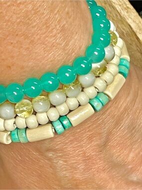Stacked Turquoise and Cream Beaded Bracelet Set